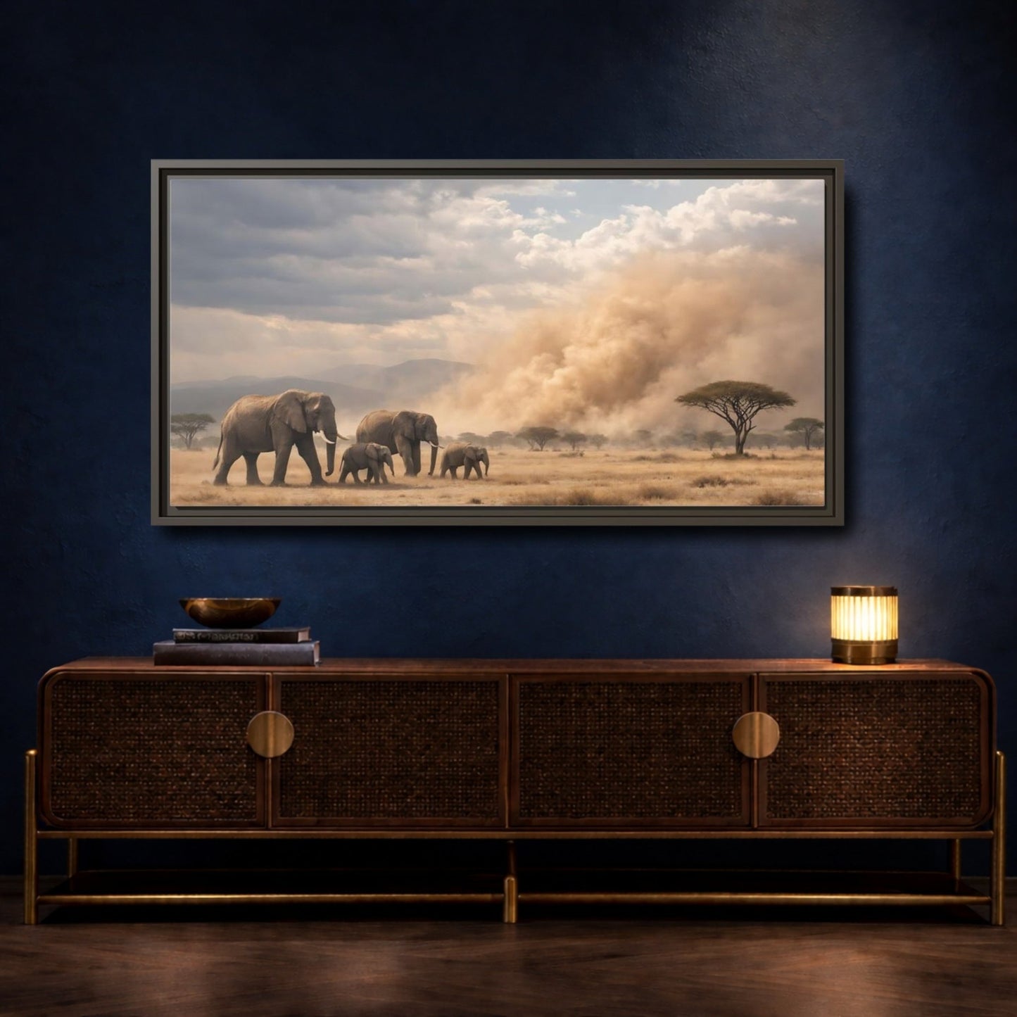 Landscape Animals Elephant Herd African - Framed Canvas Wall Art Print - YesArtYes