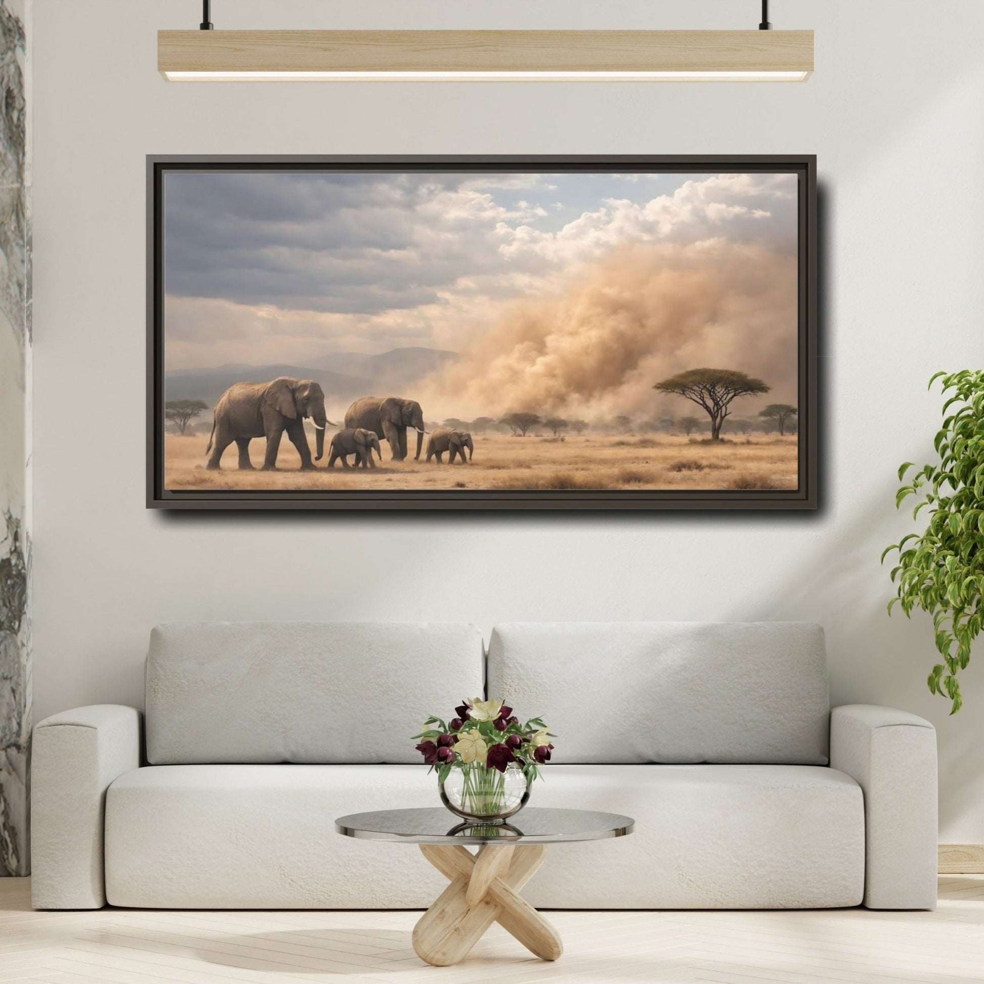 Landscape Animals Elephant Herd African - Framed Canvas Wall Art Print - YesArtYes