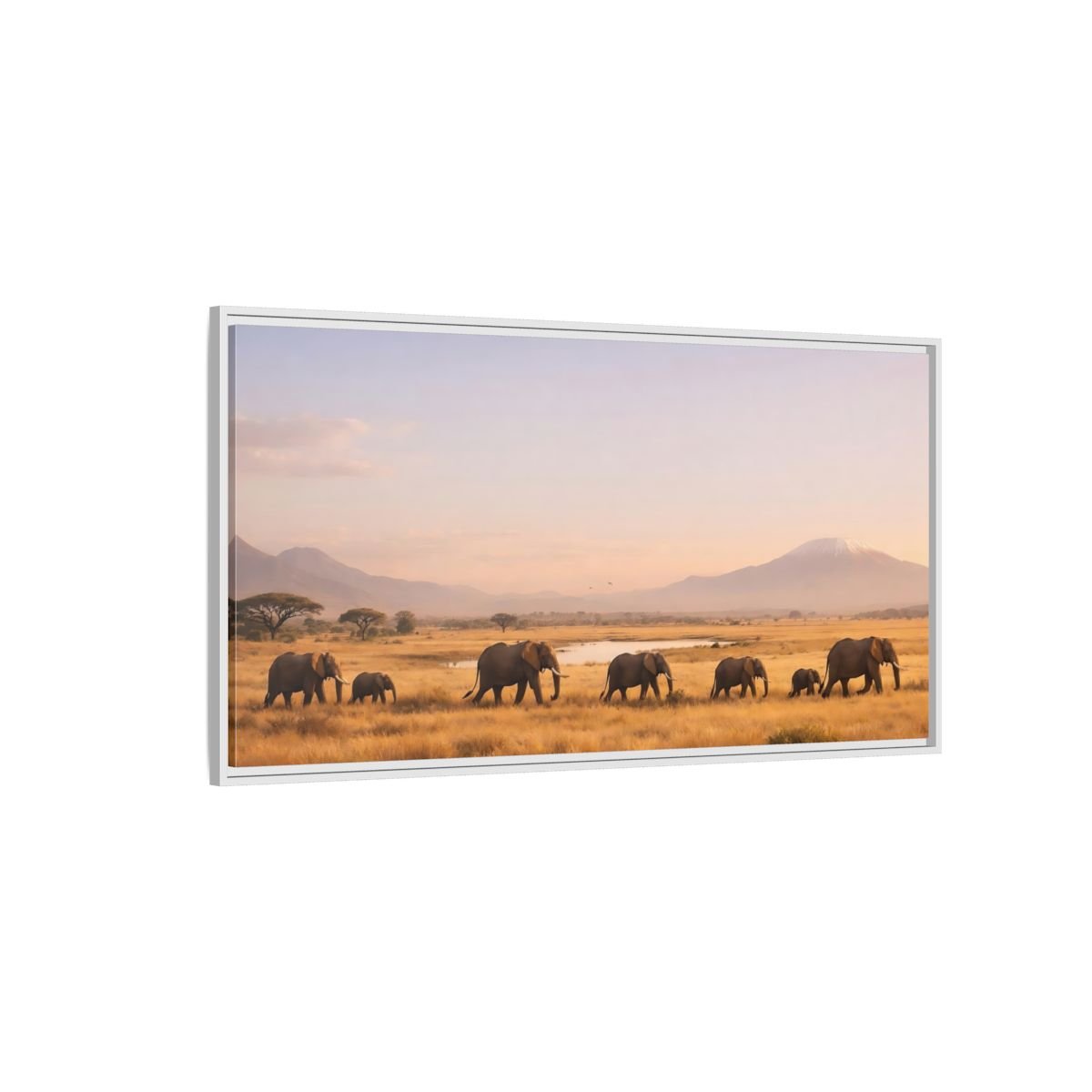 Landscape Animals Elephants Golden Savanna - Framed Canvas Wall Art Print - YesArtYes