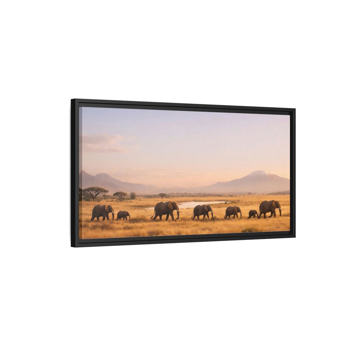 Landscape Animals Elephants Golden Savanna - Framed Canvas Wall Art Print - YesArtYes