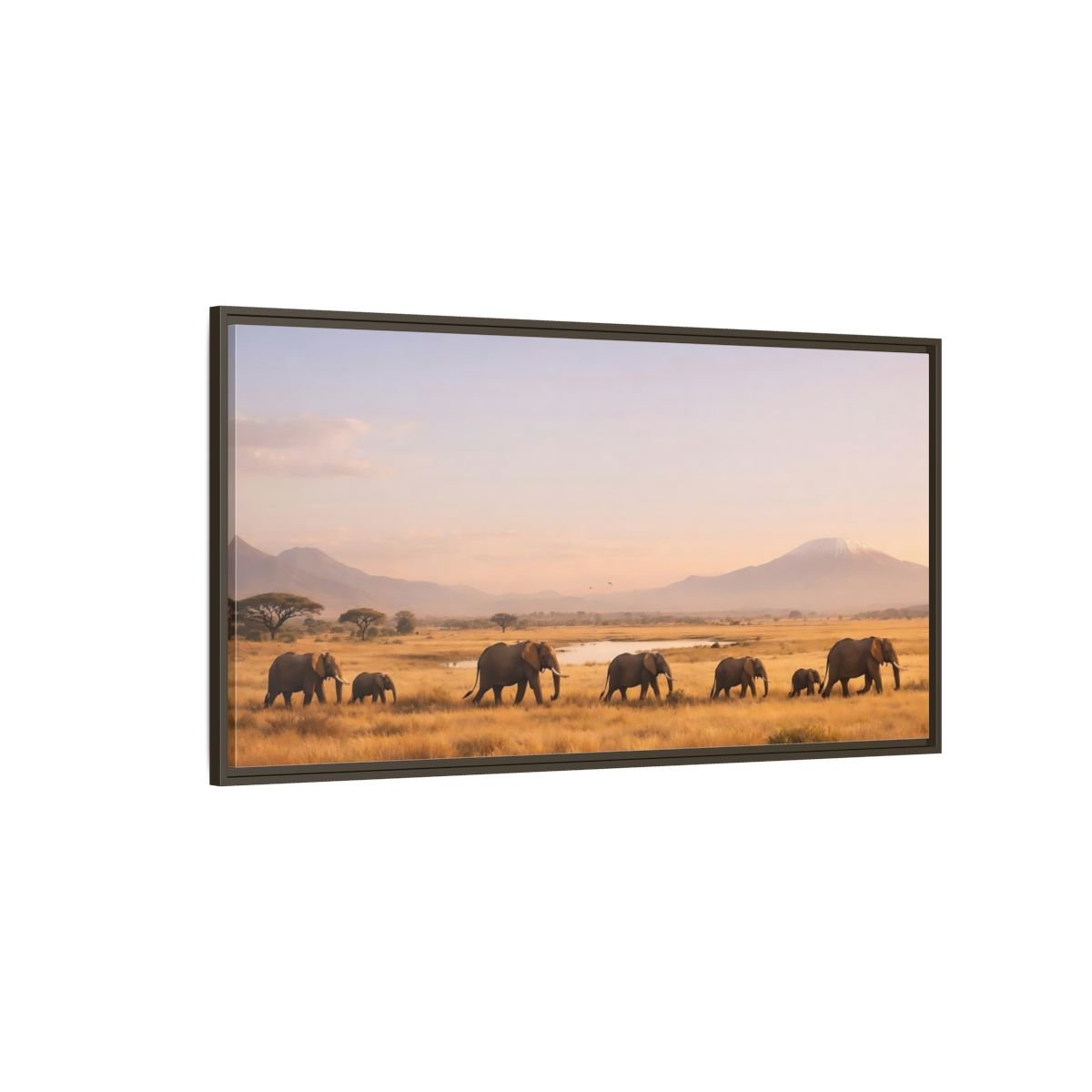 Landscape Animals Elephants Golden Savanna - Framed Canvas Wall Art Print - YesArtYes