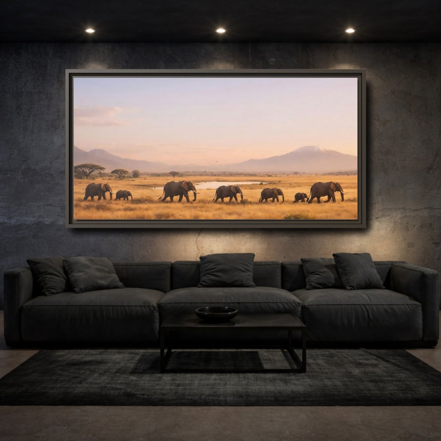 Landscape Animals Elephants Golden Savanna - Framed Canvas Wall Art Print - YesArtYes
