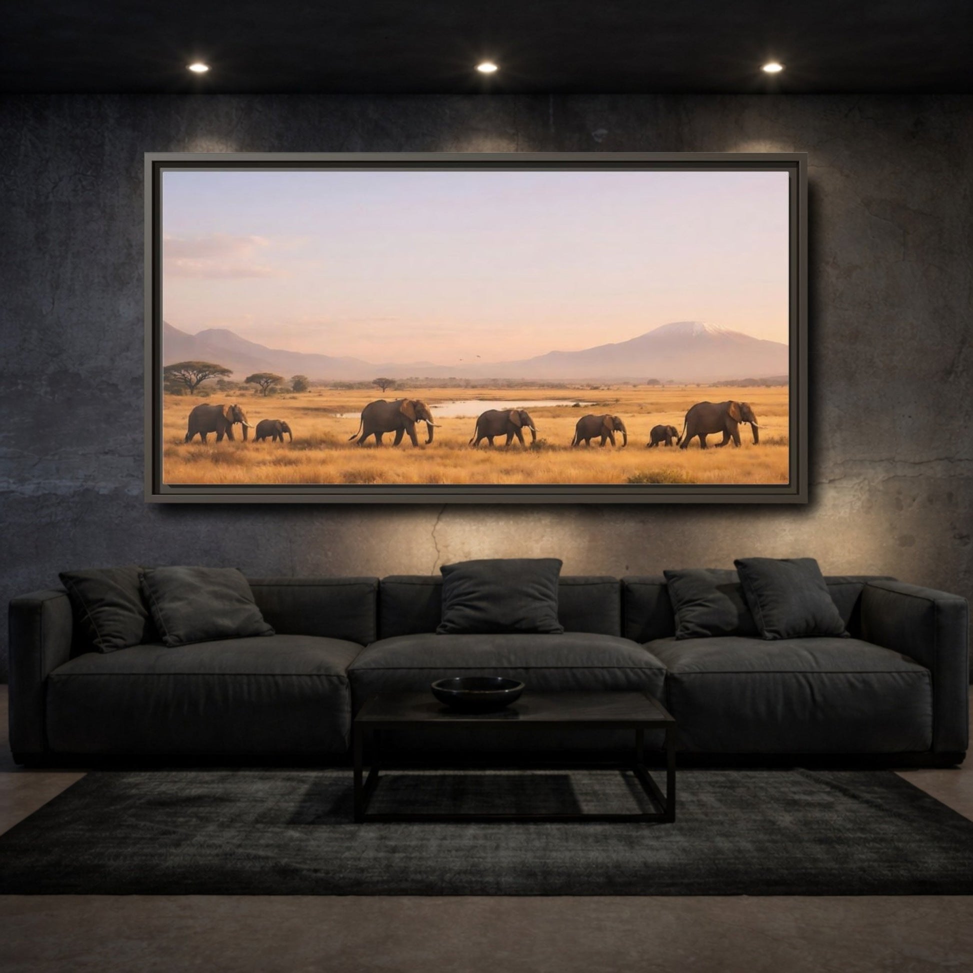 Landscape Animals Elephants Golden Savanna - Framed Canvas Wall Art Print - YesArtYes