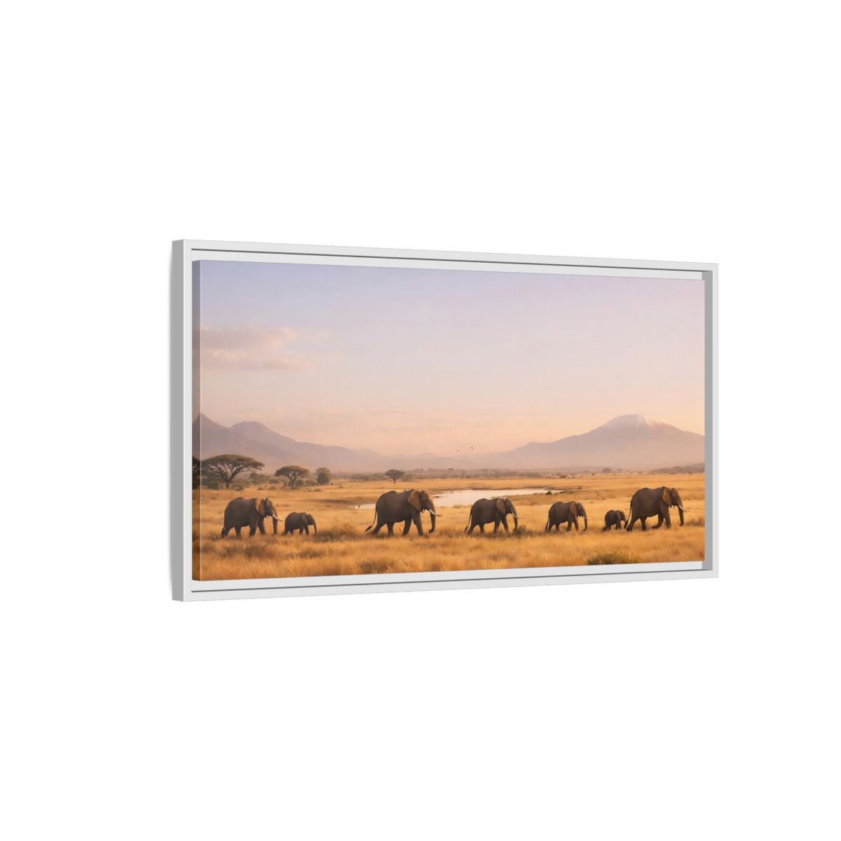 Landscape Animals Elephants Golden Savanna - Framed Canvas Wall Art Print - YesArtYes