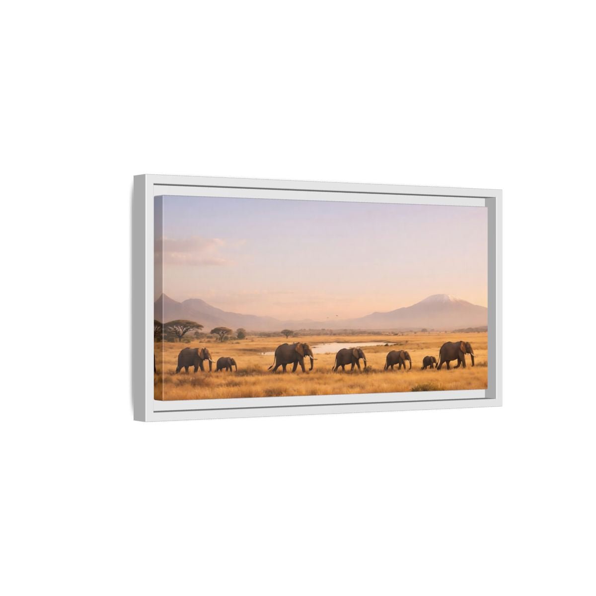 Landscape Animals Elephants Golden Savanna - Framed Canvas Wall Art Print - YesArtYes