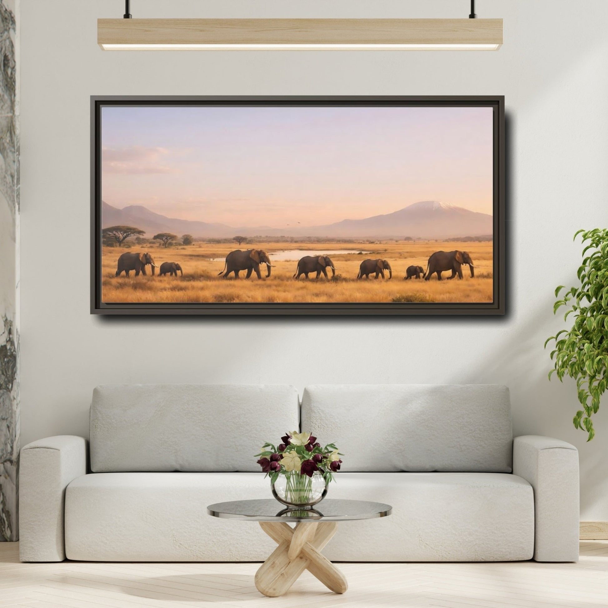 Landscape Animals Elephants Golden Savanna - Framed Canvas Wall Art Print - YesArtYes