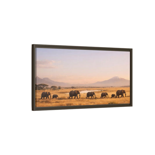 Landscape Animals Elephants Golden Savanna - Framed Canvas Wall Art Print - YesArtYes