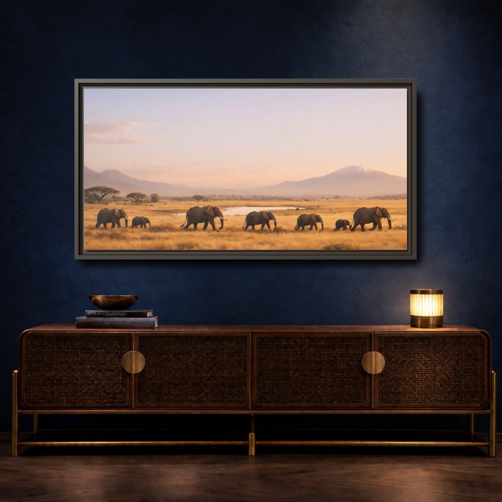 Landscape Animals Elephants Golden Savanna - Framed Canvas Wall Art Print - YesArtYes