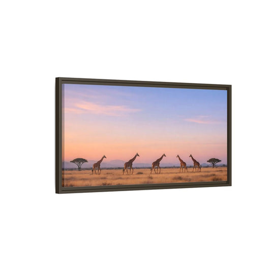 Landscape Animals Giraffes Orange Blue Sunset - Framed Canvas Wall Art Print - YesArtYes