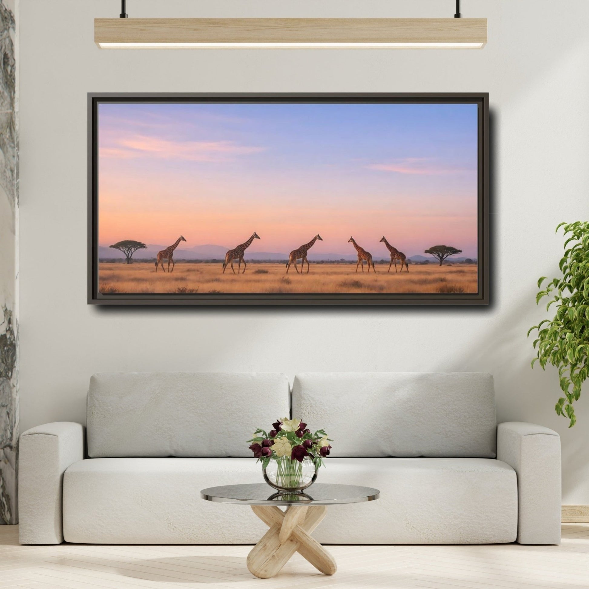 Landscape Animals Giraffes Orange Blue Sunset - Framed Canvas Wall Art Print - YesArtYes