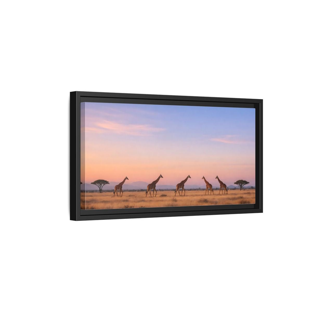 Landscape Animals Giraffes Orange Blue Sunset - Framed Canvas Wall Art Print - YesArtYes