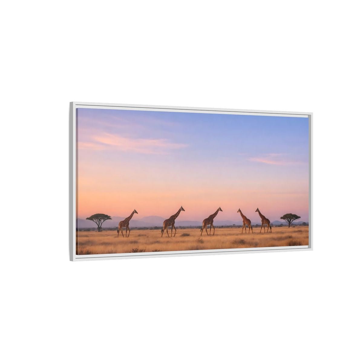 Landscape Animals Giraffes Orange Blue Sunset - Framed Canvas Wall Art Print - YesArtYes