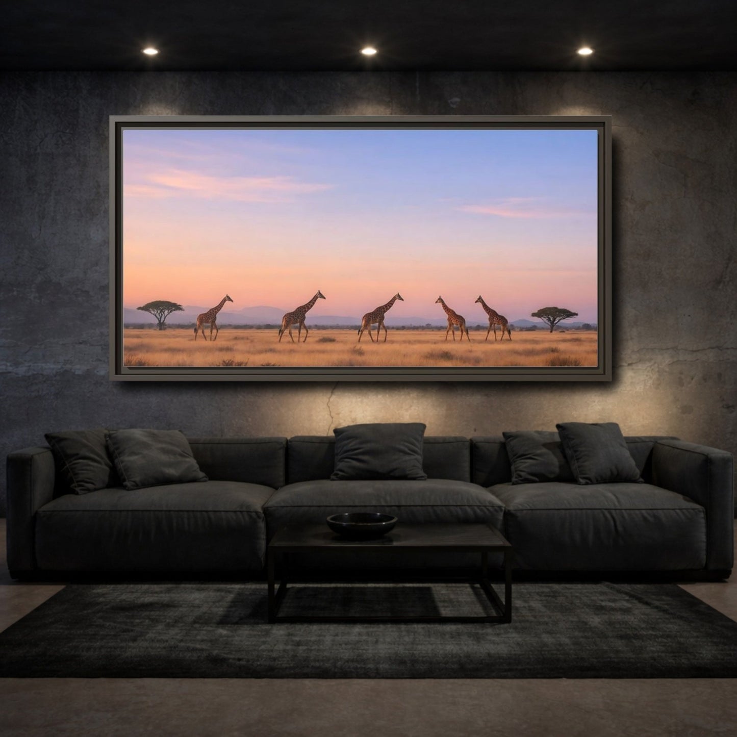 Landscape Animals Giraffes Orange Blue Sunset - Framed Canvas Wall Art Print - YesArtYes