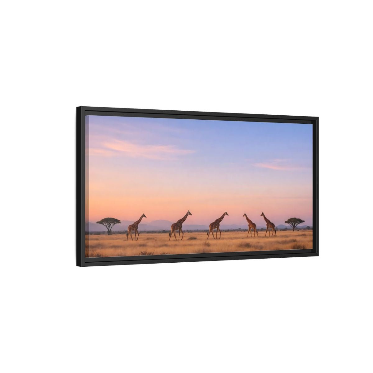 Landscape Animals Giraffes Orange Blue Sunset - Framed Canvas Wall Art Print - YesArtYes