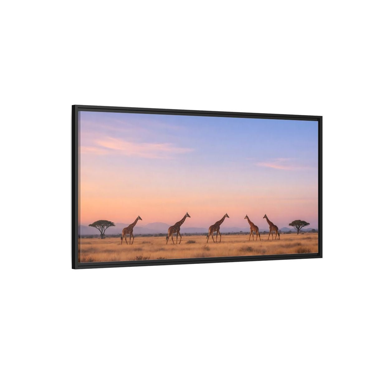 Landscape Animals Giraffes Orange Blue Sunset - Framed Canvas Wall Art Print - YesArtYes