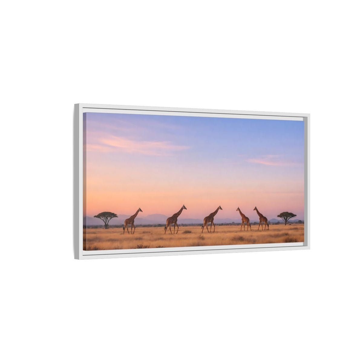 Landscape Animals Giraffes Orange Blue Sunset - Framed Canvas Wall Art Print - YesArtYes