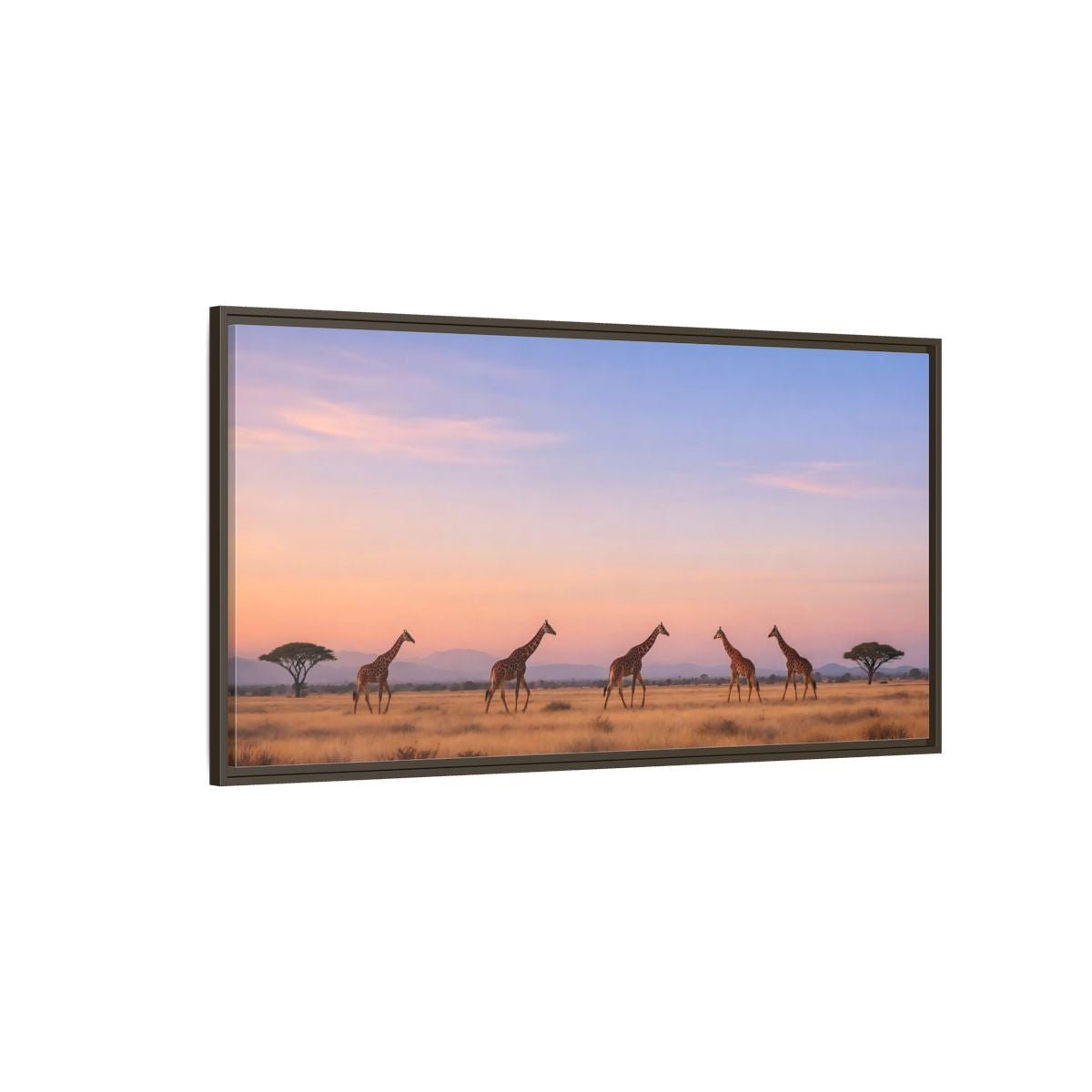 Landscape Animals Giraffes Orange Blue Sunset - Framed Canvas Wall Art Print - YesArtYes