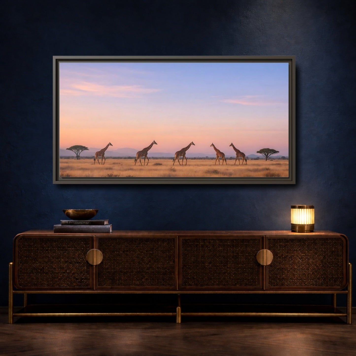 Landscape Animals Giraffes Orange Blue Sunset - Framed Canvas Wall Art Print - YesArtYes