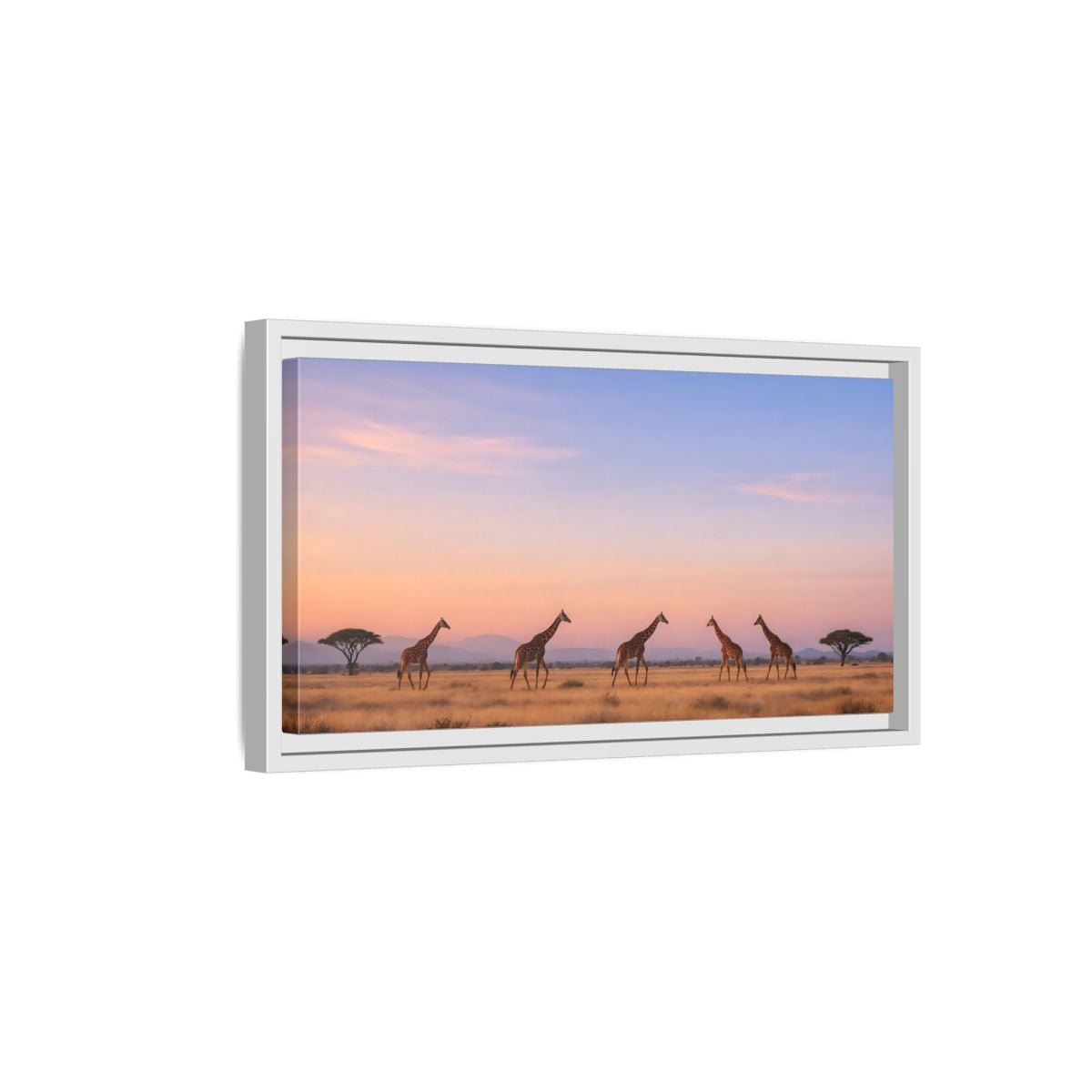 Landscape Animals Giraffes Orange Blue Sunset - Framed Canvas Wall Art Print - YesArtYes