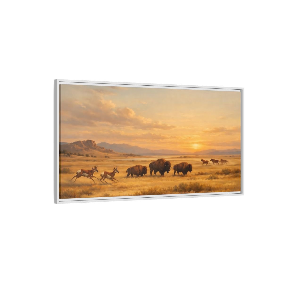 Landscape Animals Prairie Wildlife Golden Sunset - Framed Canvas Wall Art Print - YesArtYes