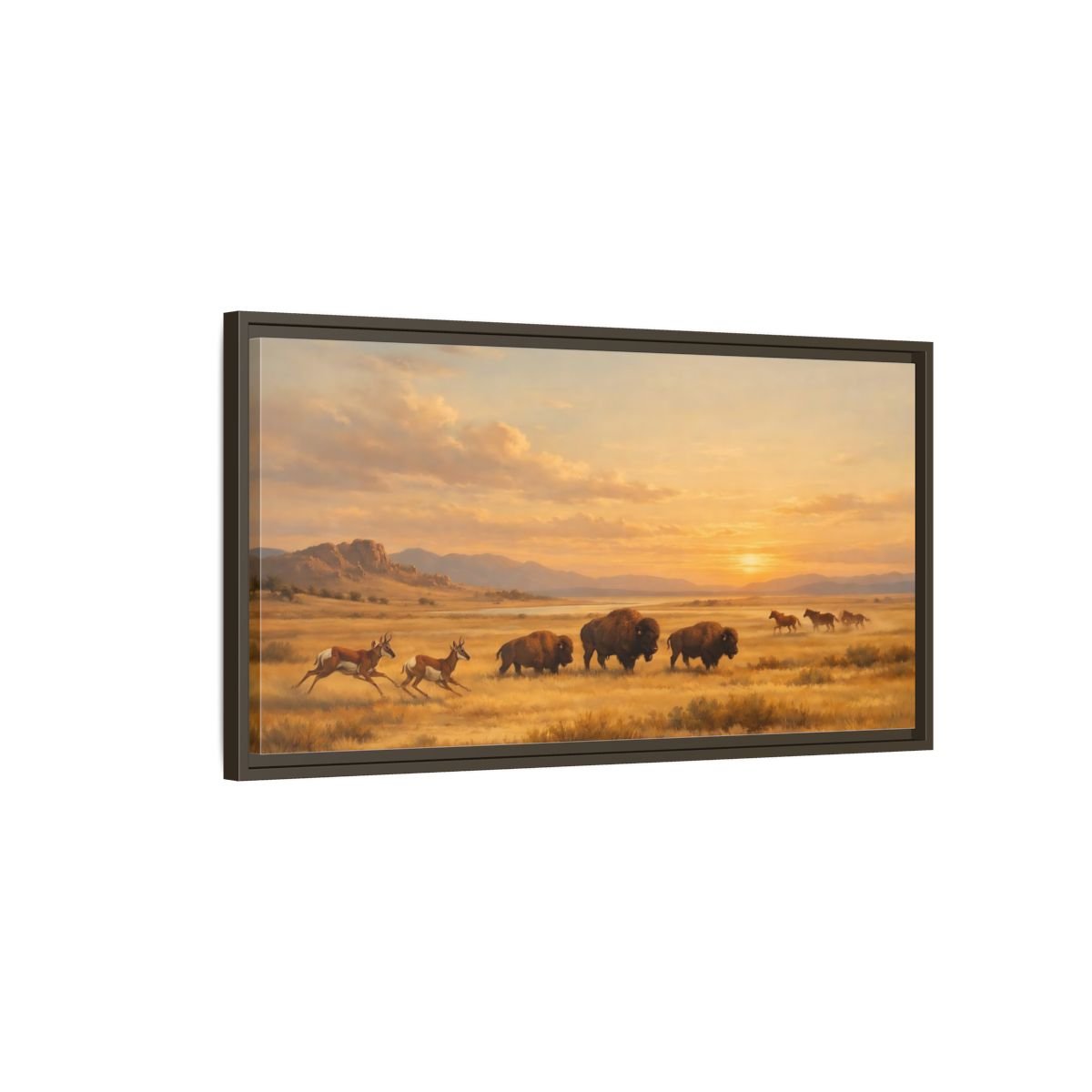Landscape Animals Prairie Wildlife Golden Sunset - Framed Canvas Wall Art Print - YesArtYes