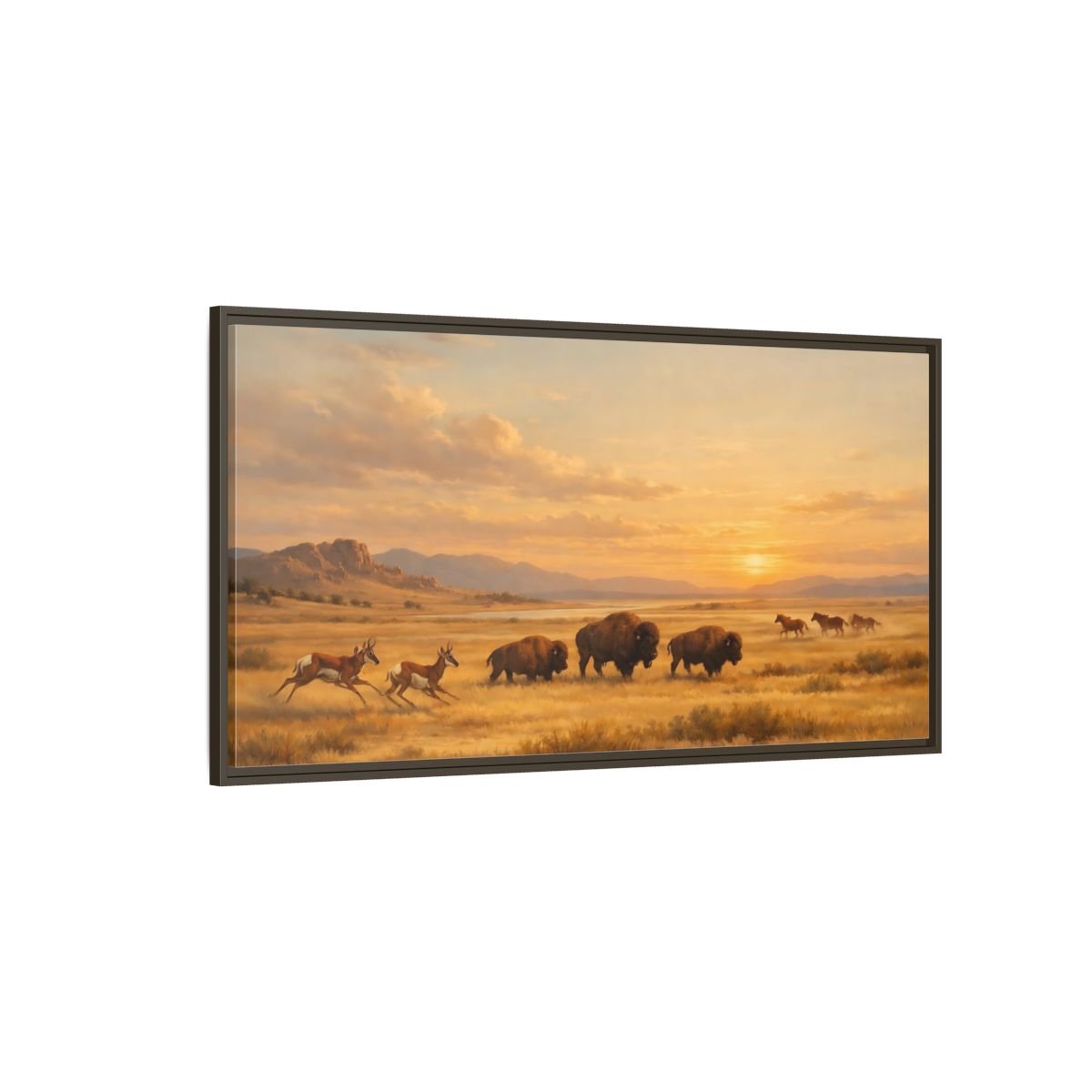 Landscape Animals Prairie Wildlife Golden Sunset - Framed Canvas Wall Art Print - YesArtYes