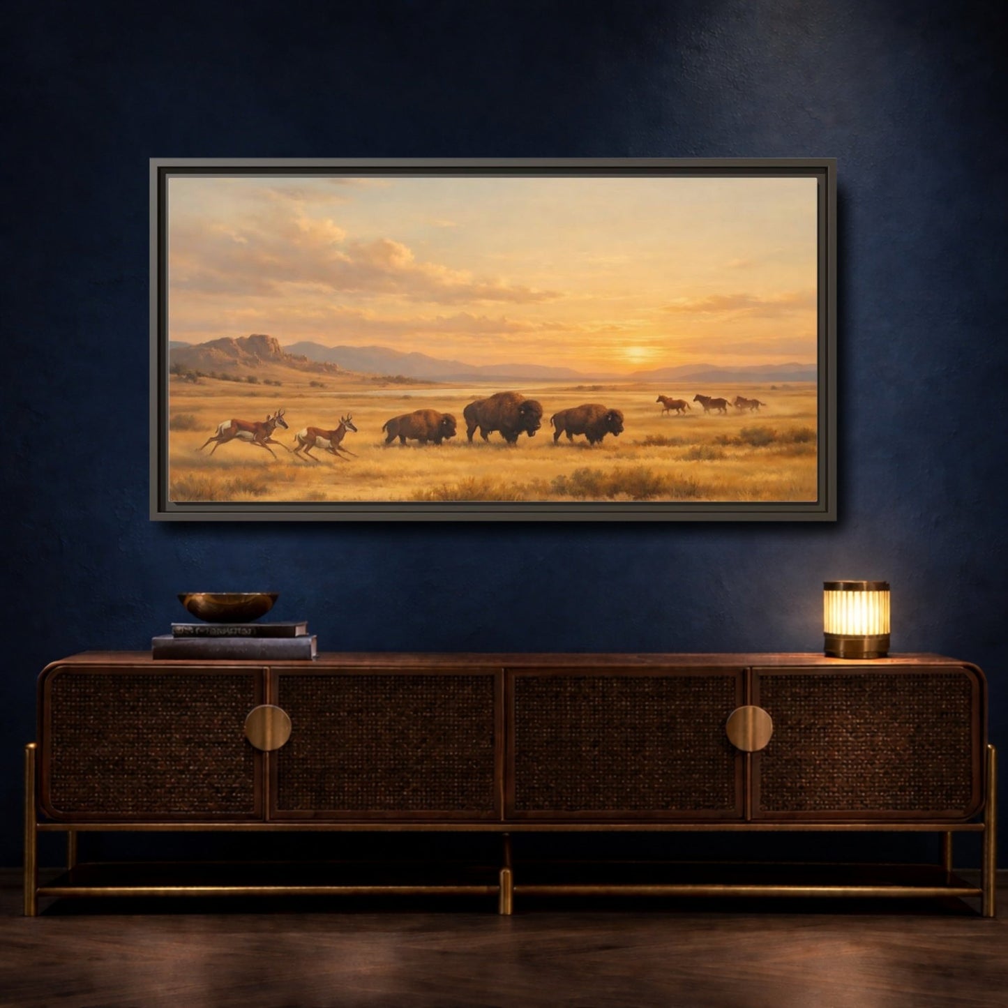 Landscape Animals Prairie Wildlife Golden Sunset - Framed Canvas Wall Art Print - YesArtYes