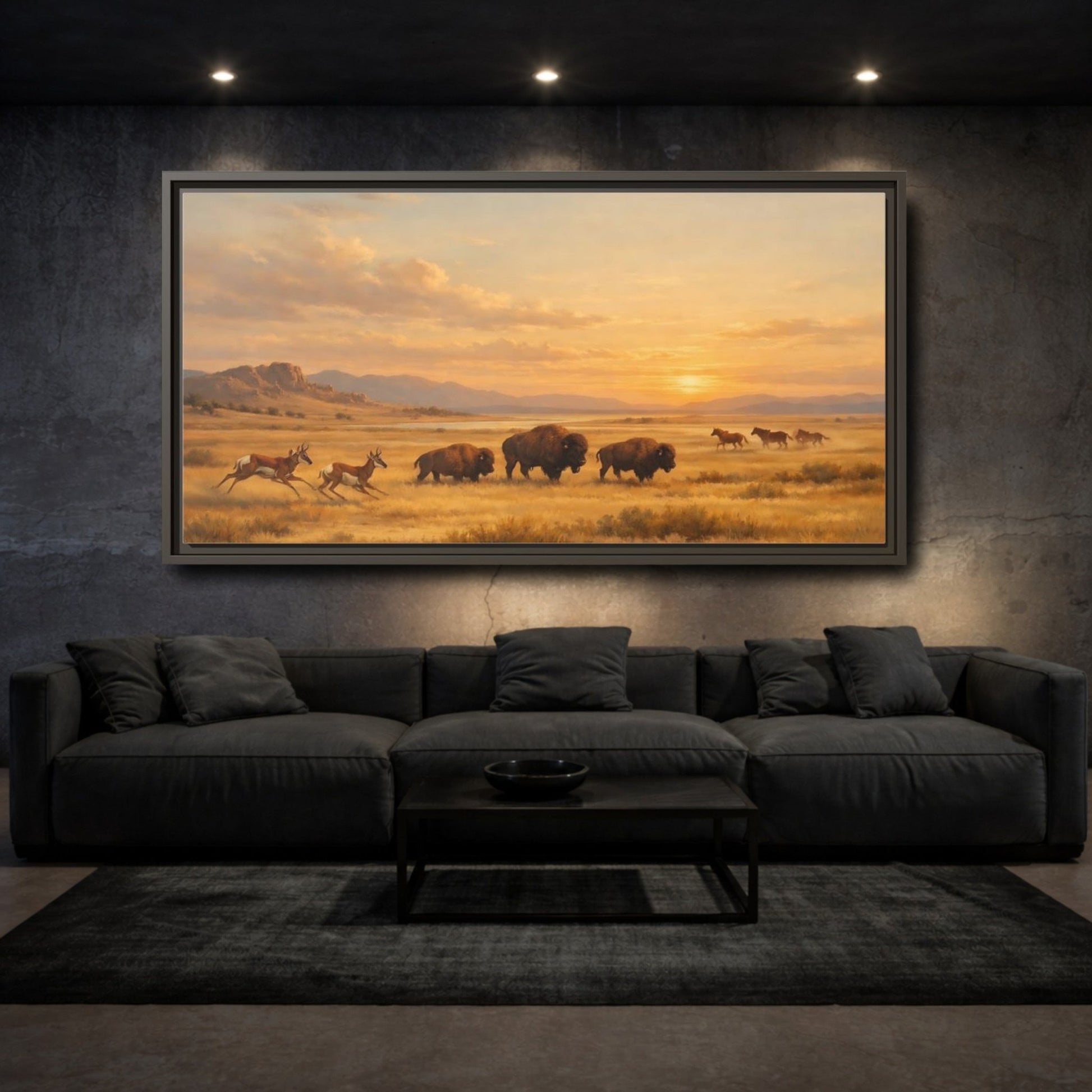Landscape Animals Prairie Wildlife Golden Sunset - Framed Canvas Wall Art Print - YesArtYes
