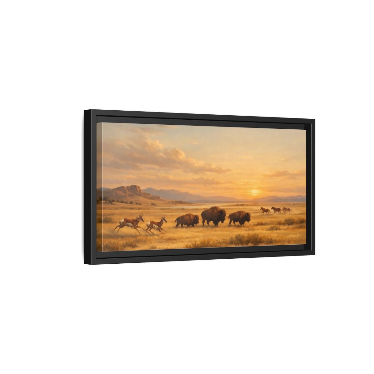 Landscape Animals Prairie Wildlife Golden Sunset - Framed Canvas Wall Art Print - YesArtYes