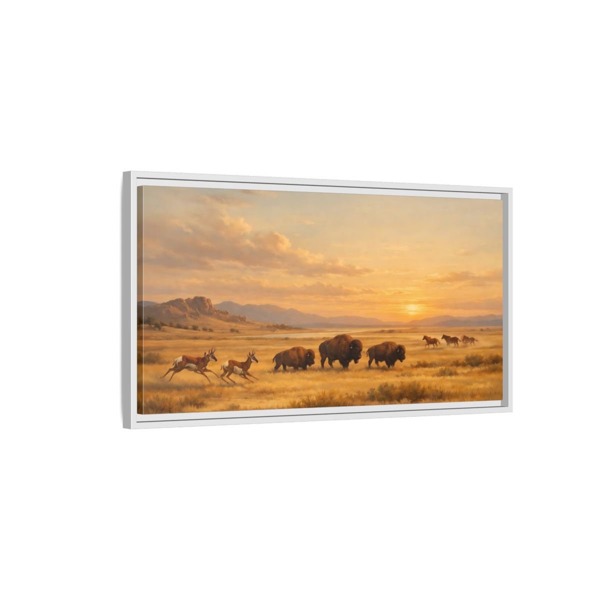 Landscape Animals Prairie Wildlife Golden Sunset - Framed Canvas Wall Art Print - YesArtYes