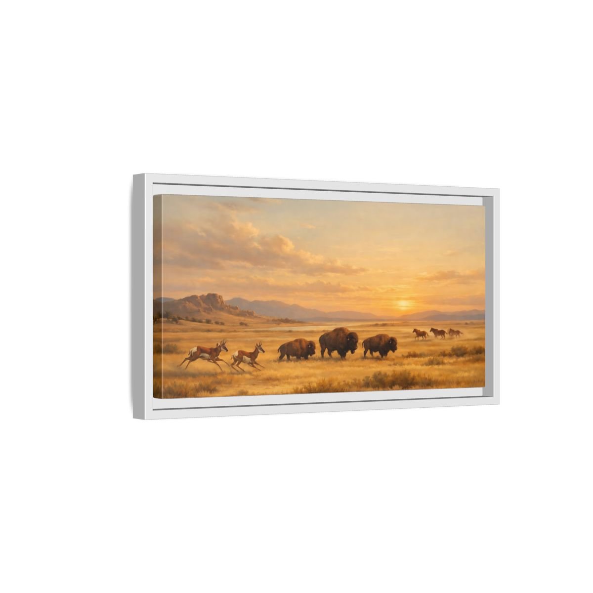 Landscape Animals Prairie Wildlife Golden Sunset - Framed Canvas Wall Art Print - YesArtYes