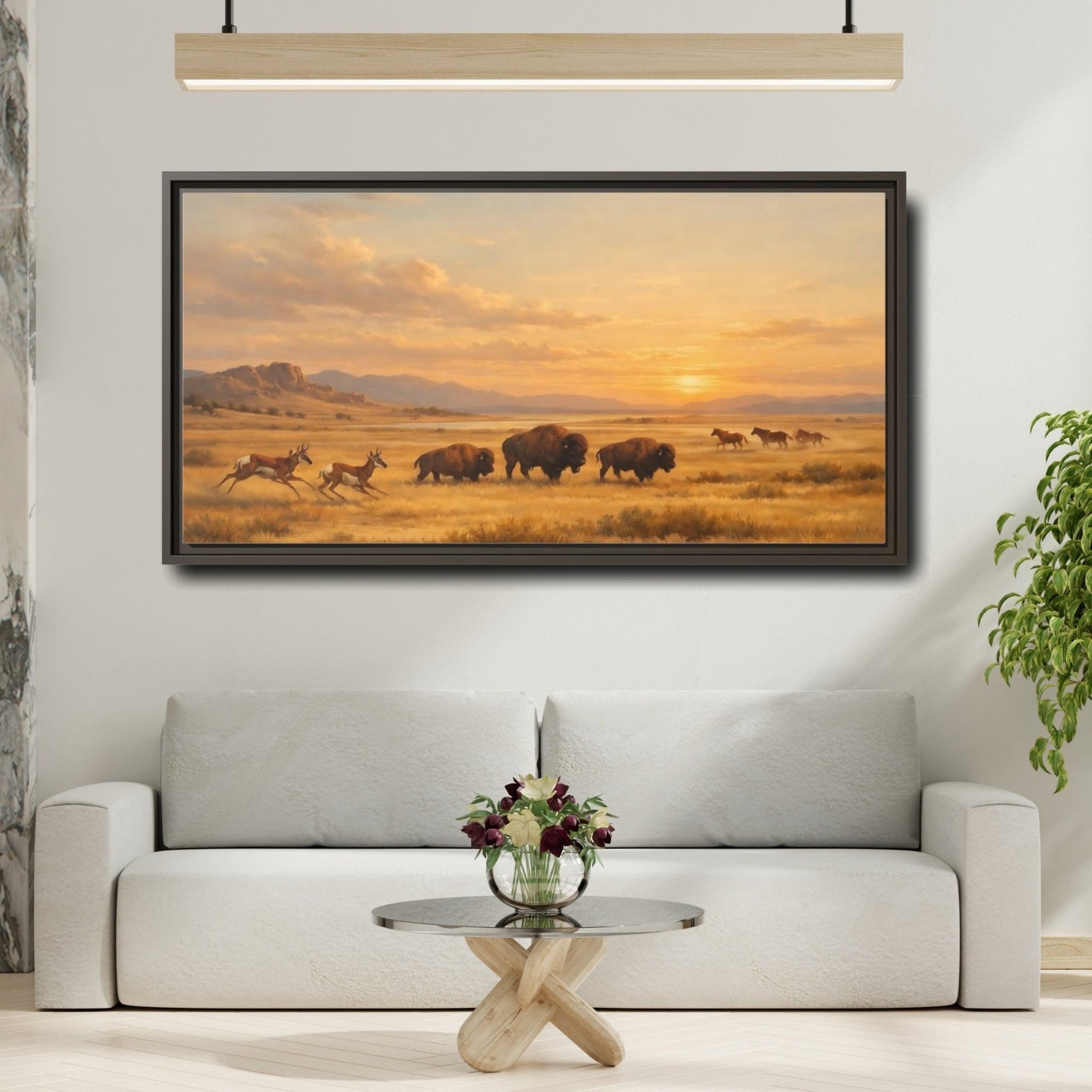 Landscape Animals Prairie Wildlife Golden Sunset - Framed Canvas Wall Art Print - YesArtYes