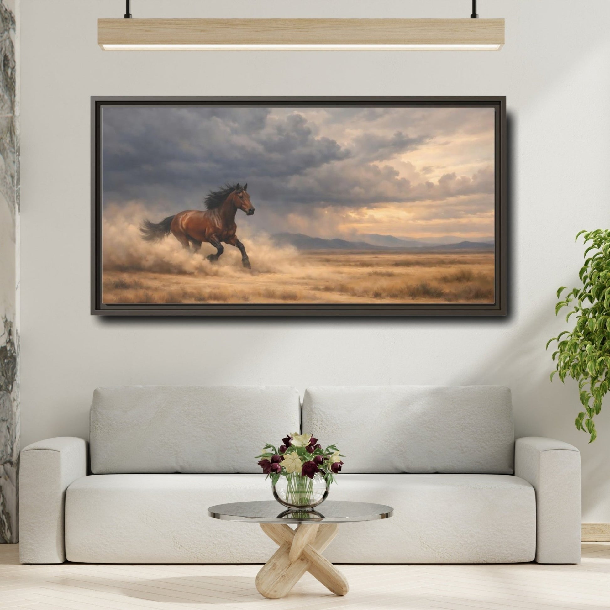 Landscape Animals Running Horse Brown - Framed Canvas Wall Art Print - YesArtYes