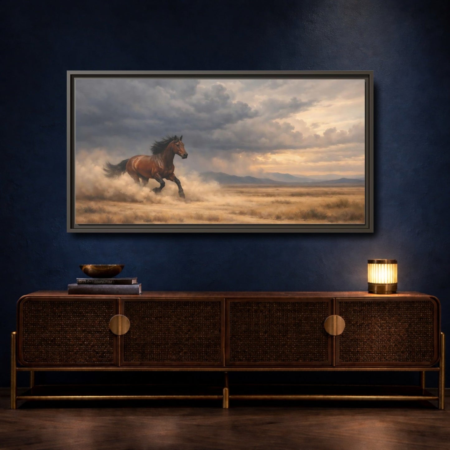 Landscape Animals Running Horse Brown - Framed Canvas Wall Art Print - YesArtYes
