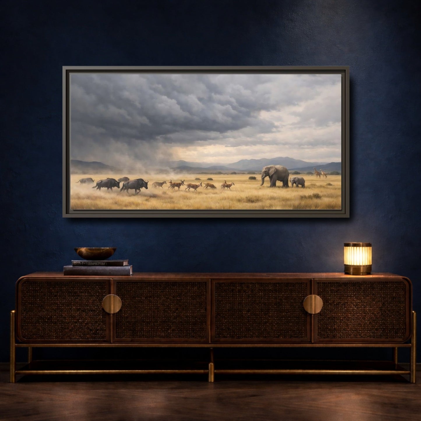 Landscape Animals Safari Brown And Grey - Framed Canvas Wall Art Print - YesArtYes