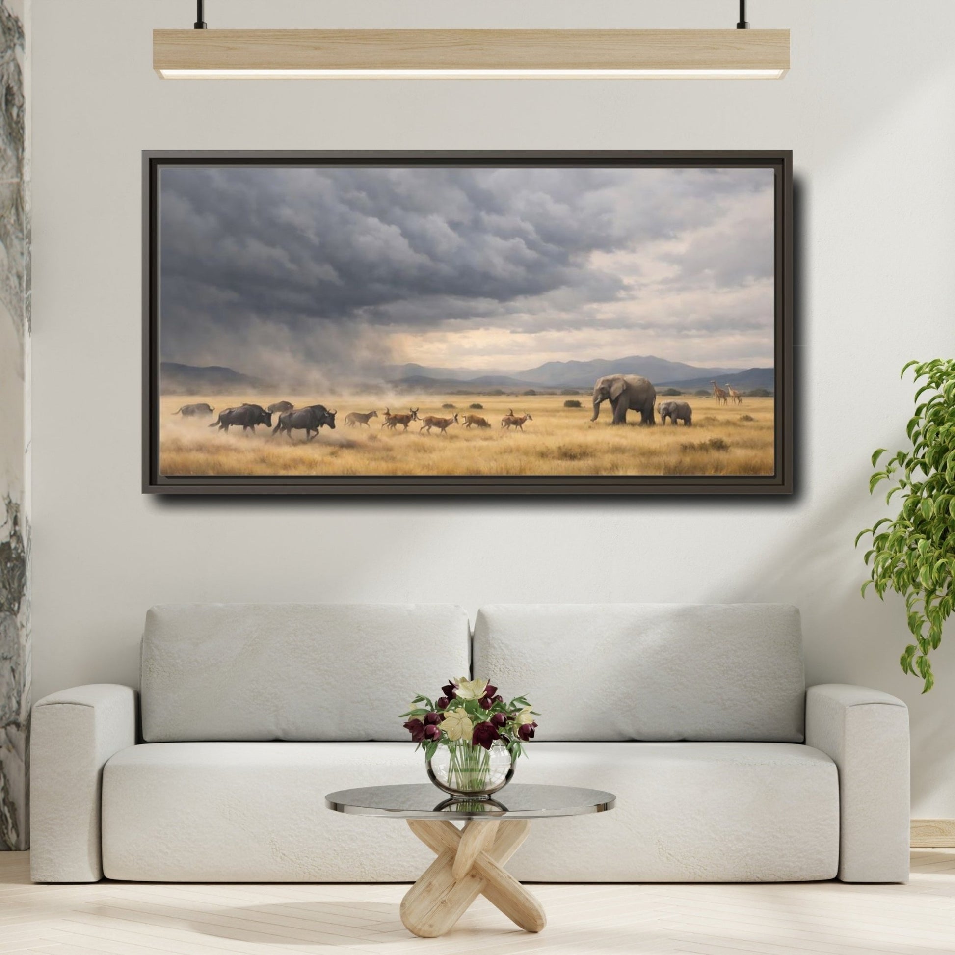 Landscape Animals Safari Brown And Grey - Framed Canvas Wall Art Print - YesArtYes