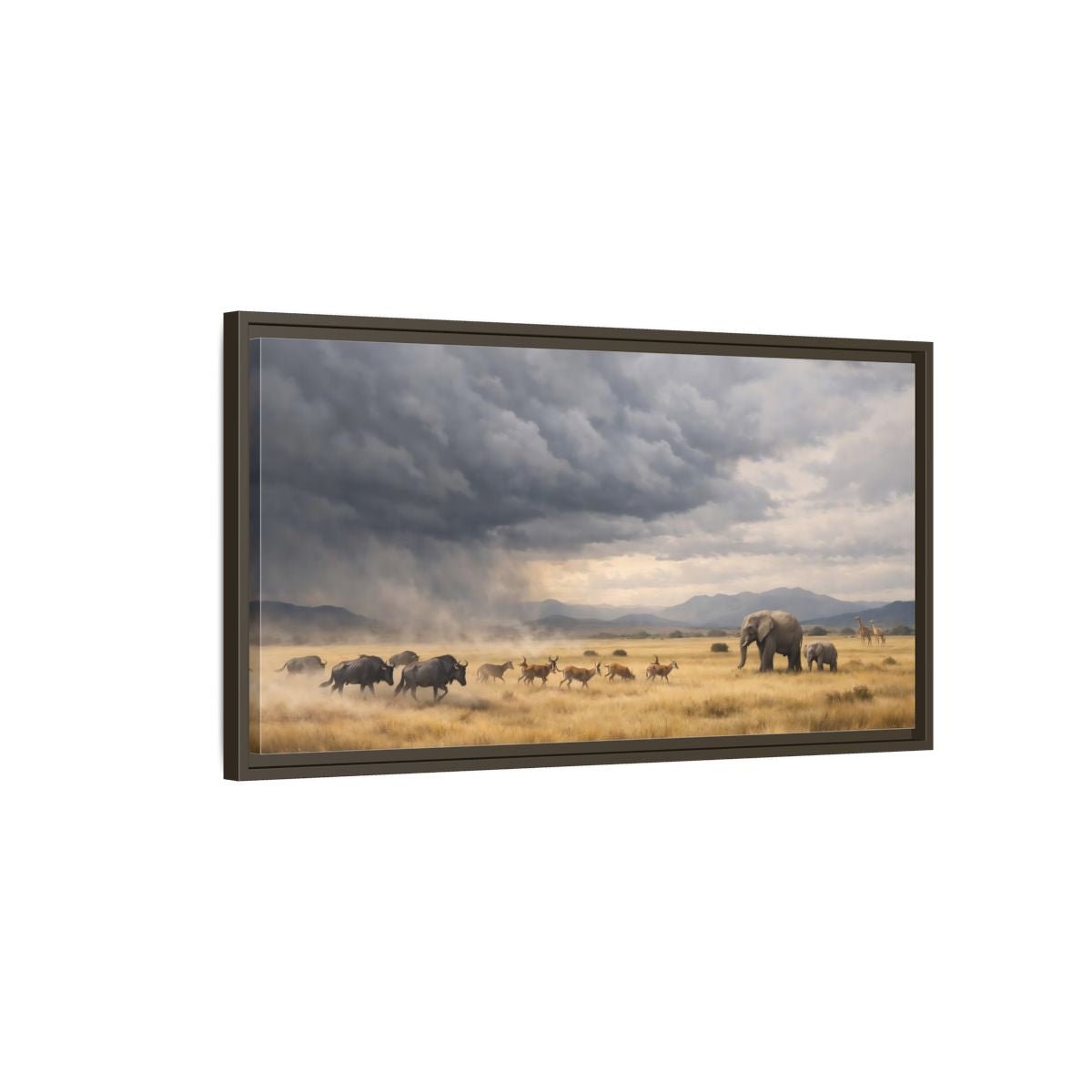 Landscape Animals Safari Brown And Grey - Framed Canvas Wall Art Print - YesArtYes