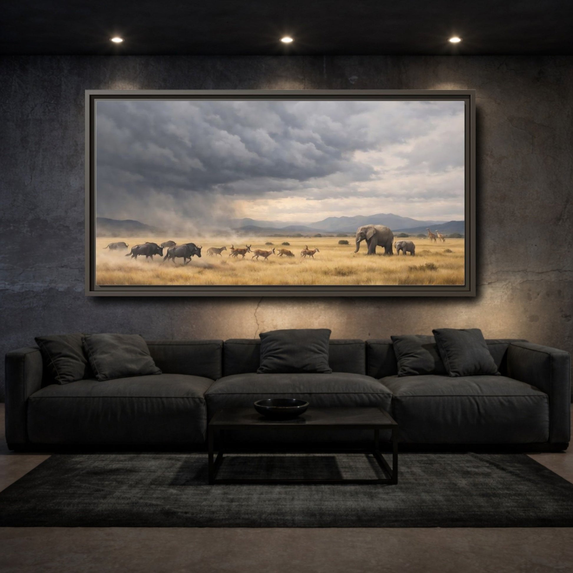 Landscape Animals Safari Brown And Grey - Framed Canvas Wall Art Print - YesArtYes