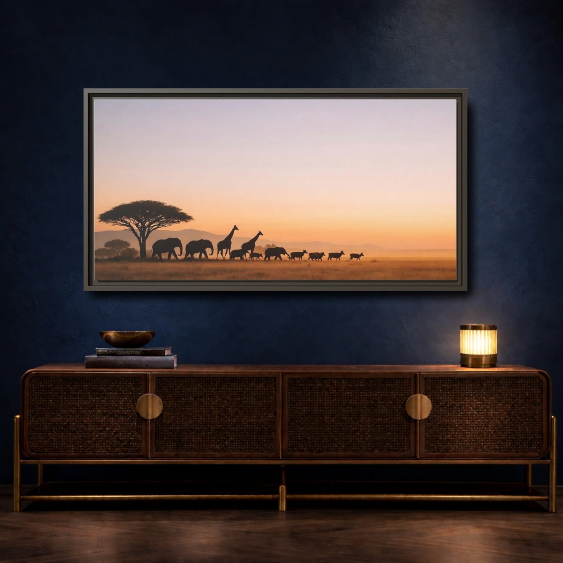 Landscape Animals Safari Golden Savanna - Framed Canvas Wall Art Print - YesArtYes