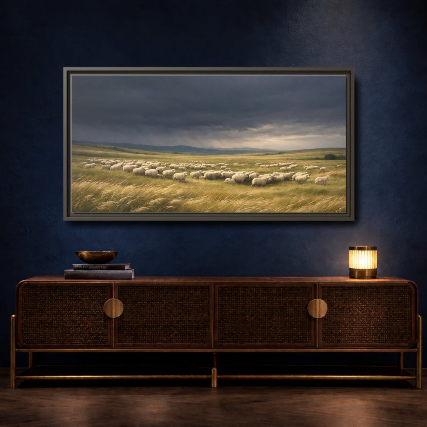 Landscape Animals Sheep Stormy Sky - Framed Canvas Wall Art Print - YesArtYes