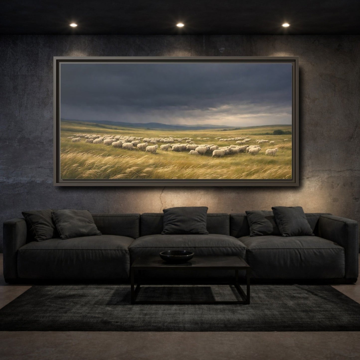 Landscape Animals Sheep Stormy Sky - Framed Canvas Wall Art Print - YesArtYes