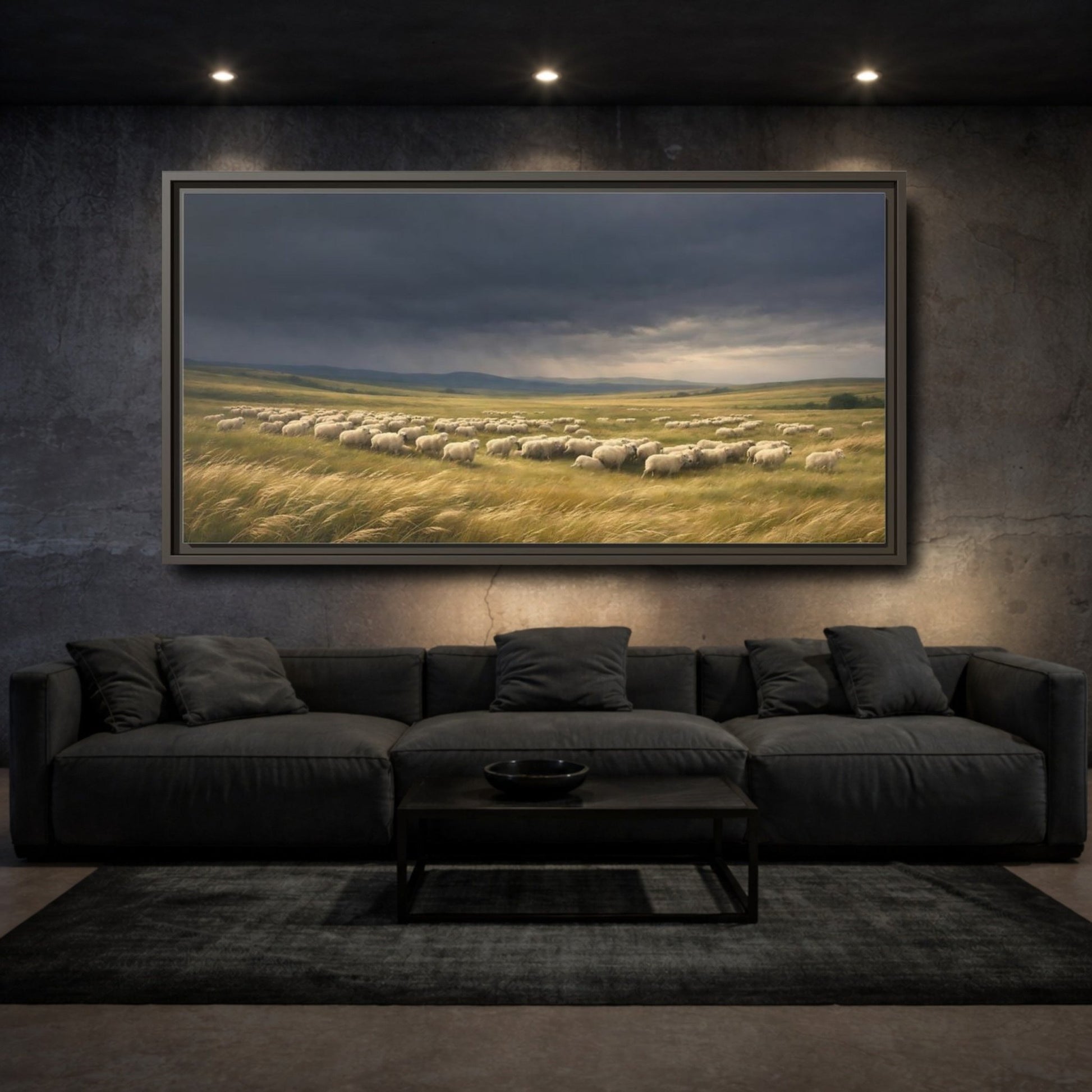 Landscape Animals Sheep Stormy Sky - Framed Canvas Wall Art Print - YesArtYes