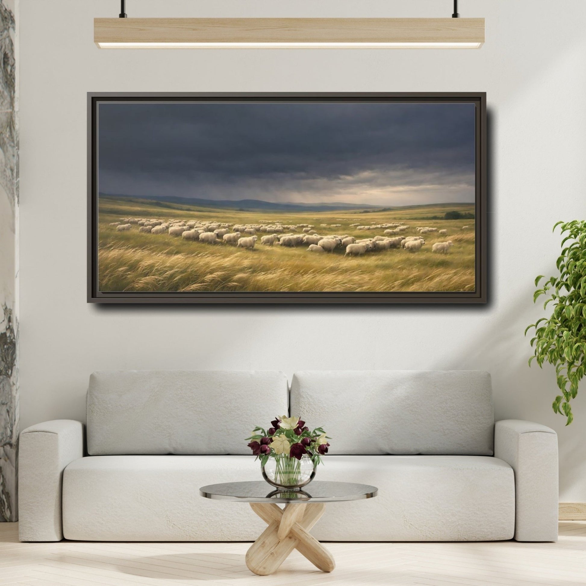 Landscape Animals Sheep Stormy Sky - Framed Canvas Wall Art Print - YesArtYes