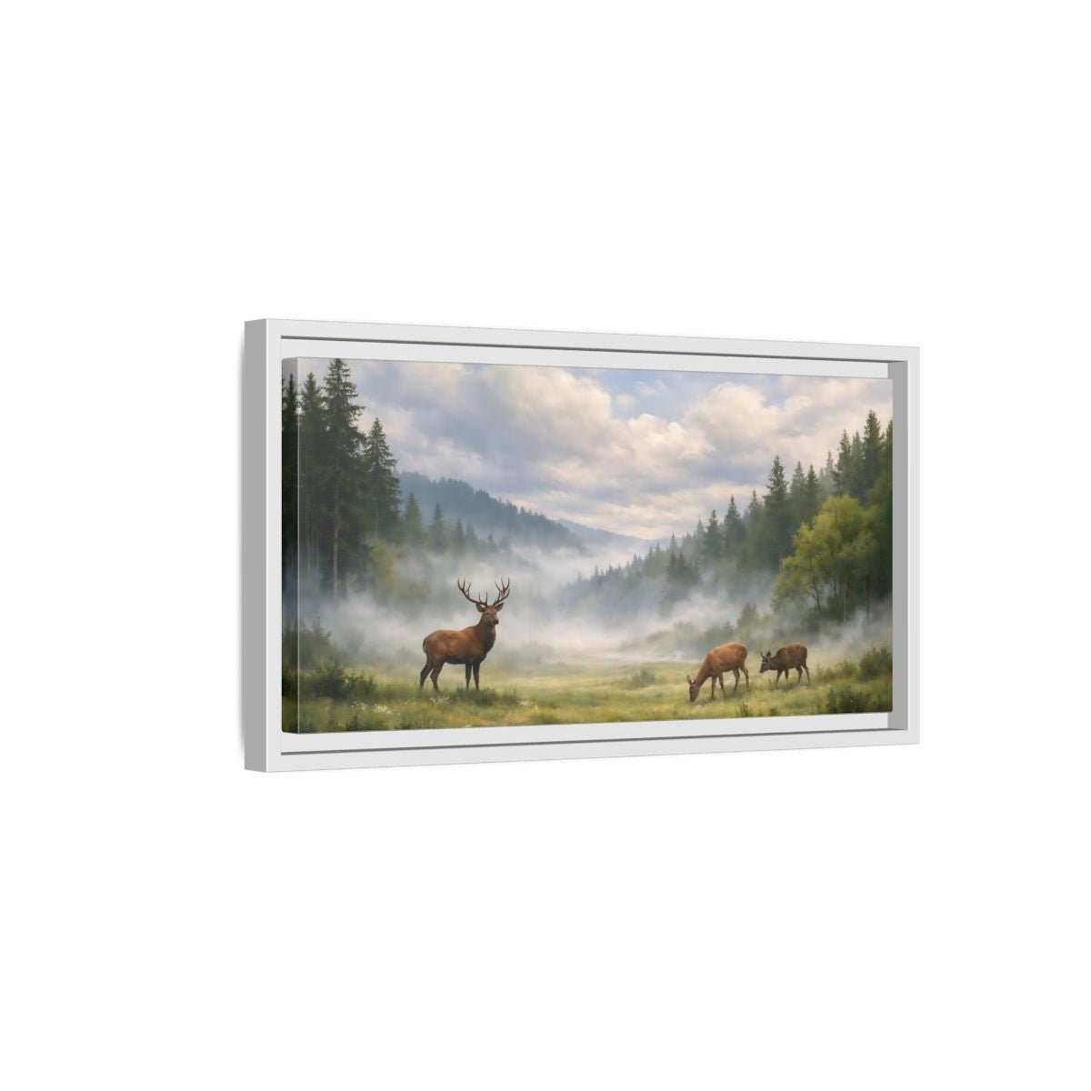 Landscape Animals Stag And Deer Misty - Framed Canvas Wall Art Print - YesArtYes
