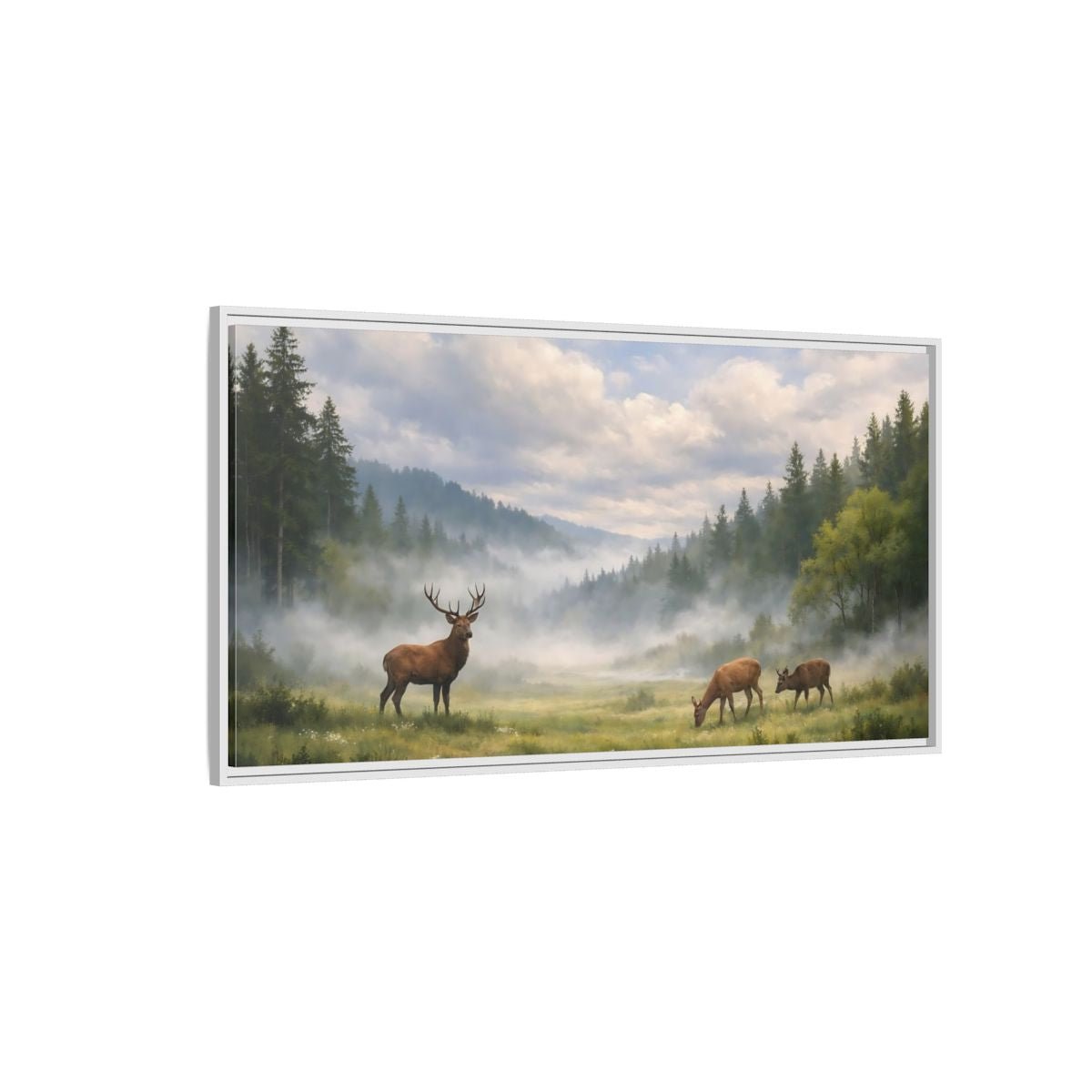 Landscape Animals Stag And Deer Misty - Framed Canvas Wall Art Print - YesArtYes