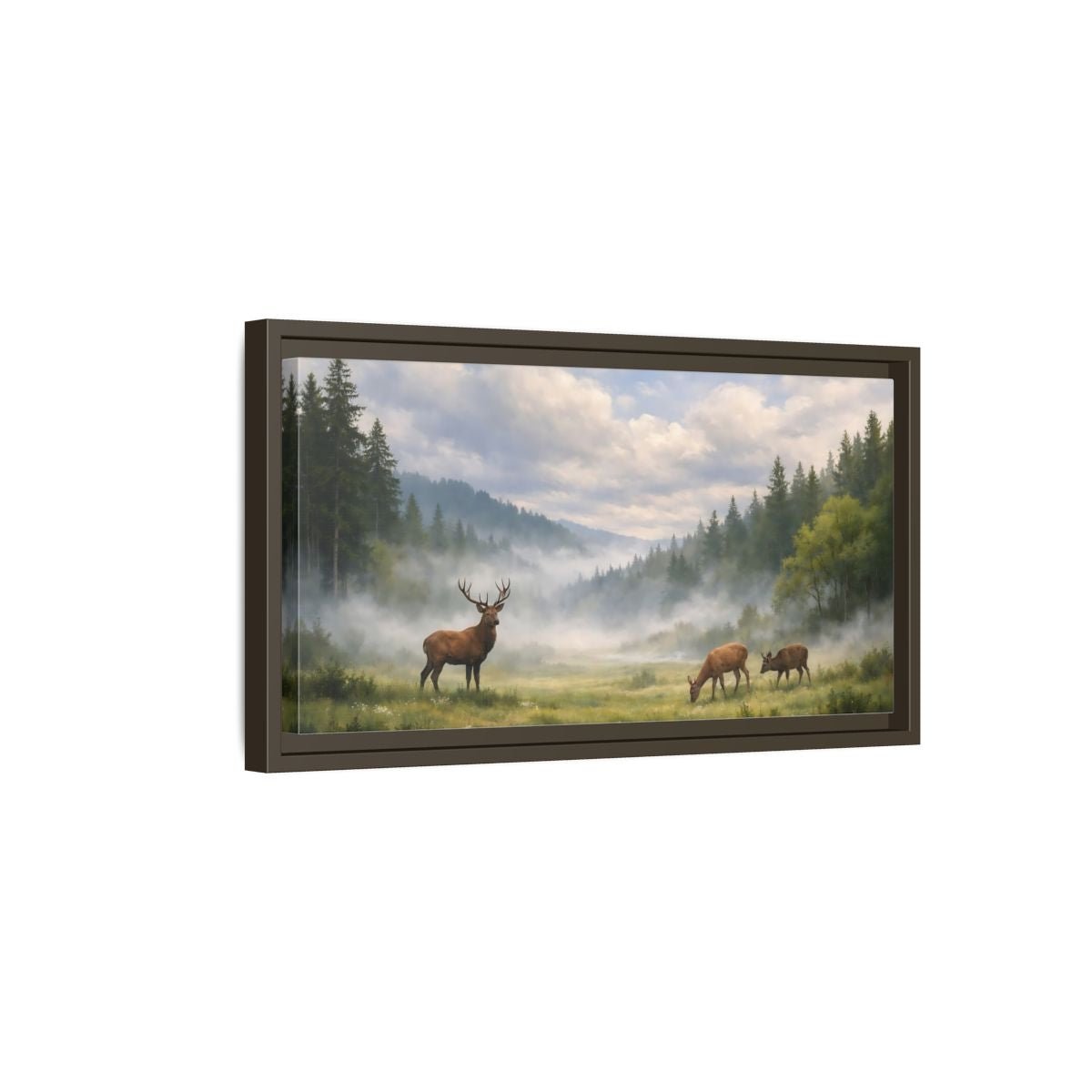 Landscape Animals Stag And Deer Misty - Framed Canvas Wall Art Print - YesArtYes