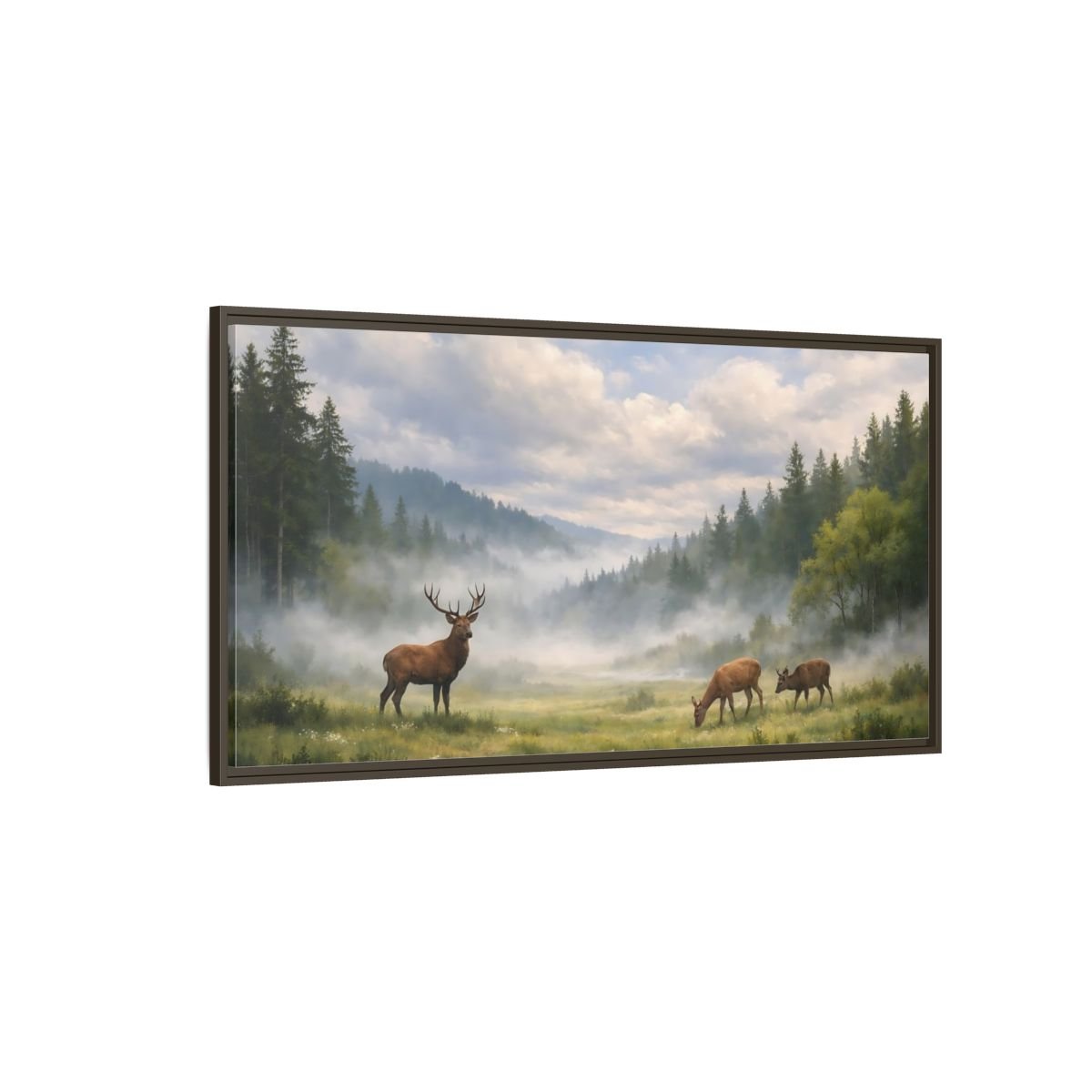 Landscape Animals Stag And Deer Misty - Framed Canvas Wall Art Print - YesArtYes