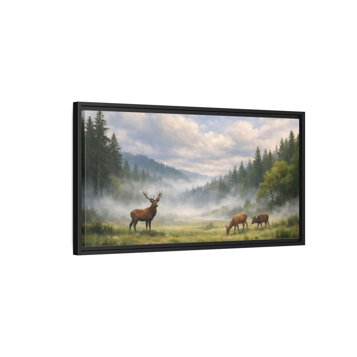 Landscape Animals Stag And Deer Misty - Framed Canvas Wall Art Print - YesArtYes