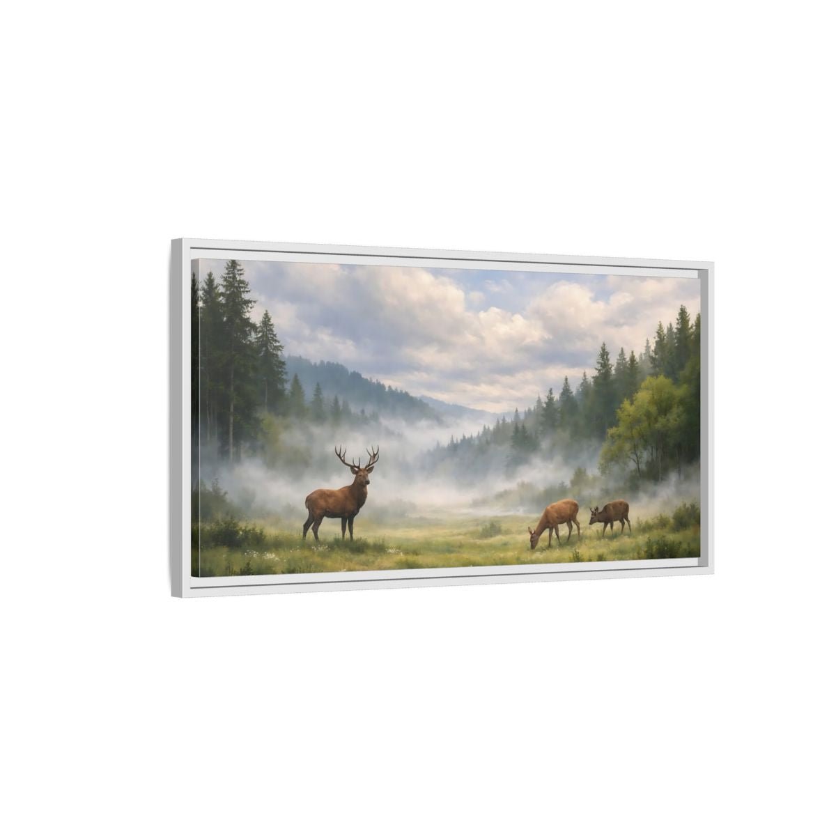 Landscape Animals Stag And Deer Misty - Framed Canvas Wall Art Print - YesArtYes