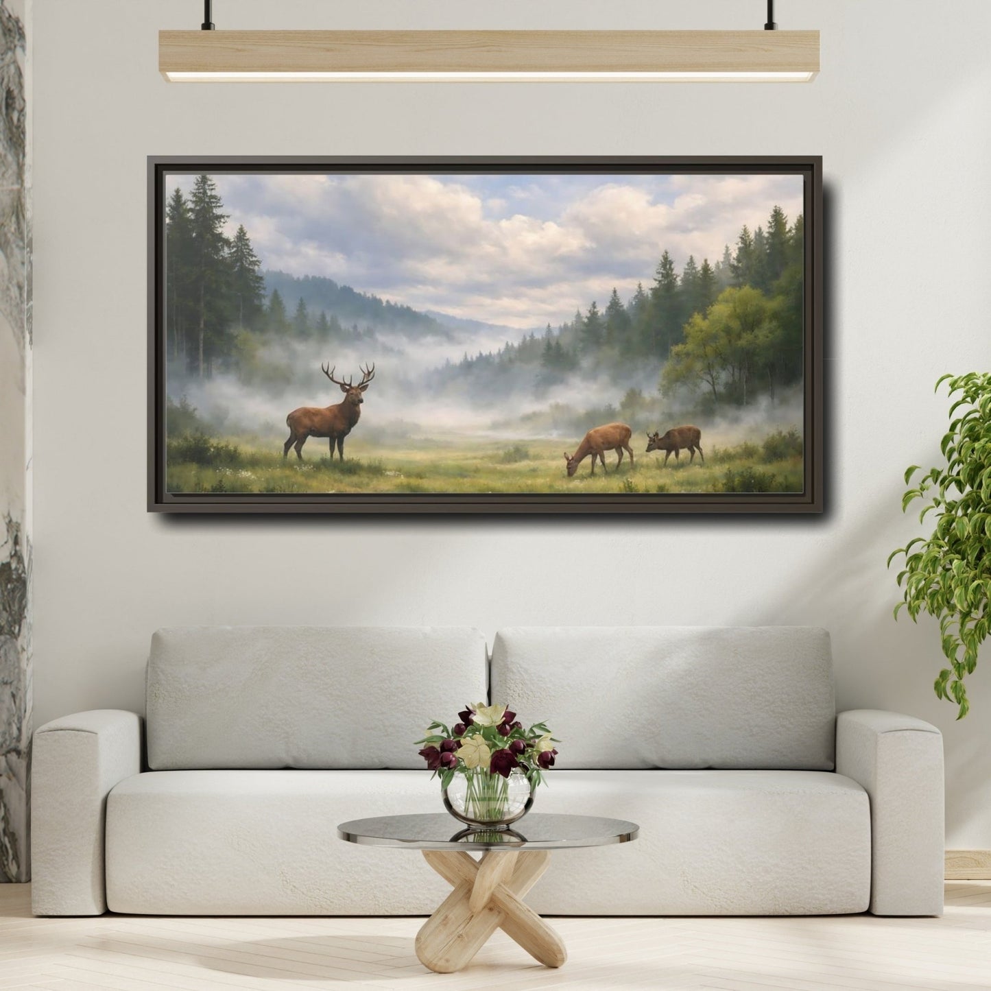 Landscape Animals Stag And Deer Misty - Framed Canvas Wall Art Print - YesArtYes